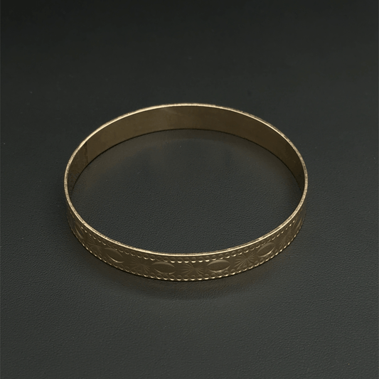 9CT Yellow Gold Patterned Bangle - 7.8"- 11.6G - 1cm Width -