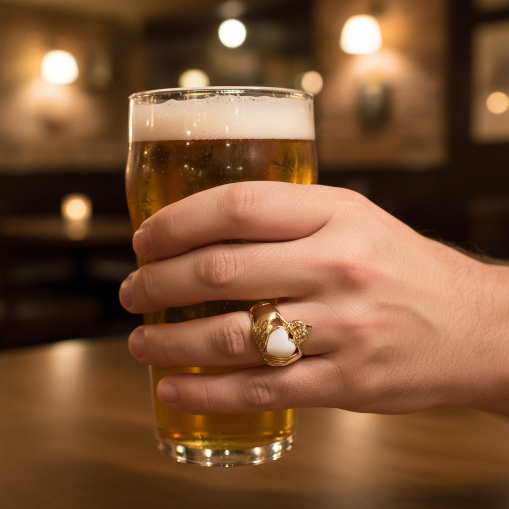 A gold ring shaped like a clasp heart, worn on a person's finger.