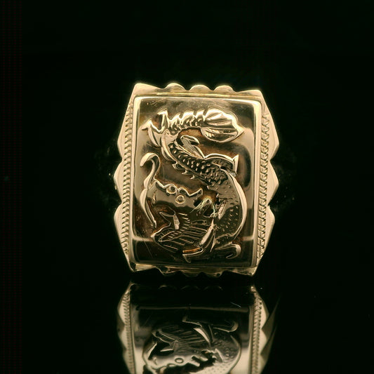 9CT Yellow Gold Water Dragon Signet Ring - Size R"- 10G