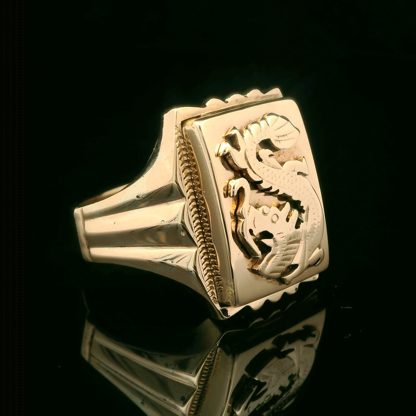 9CT Yellow Gold Water Dragon Signet Ring - Size R"- 10G