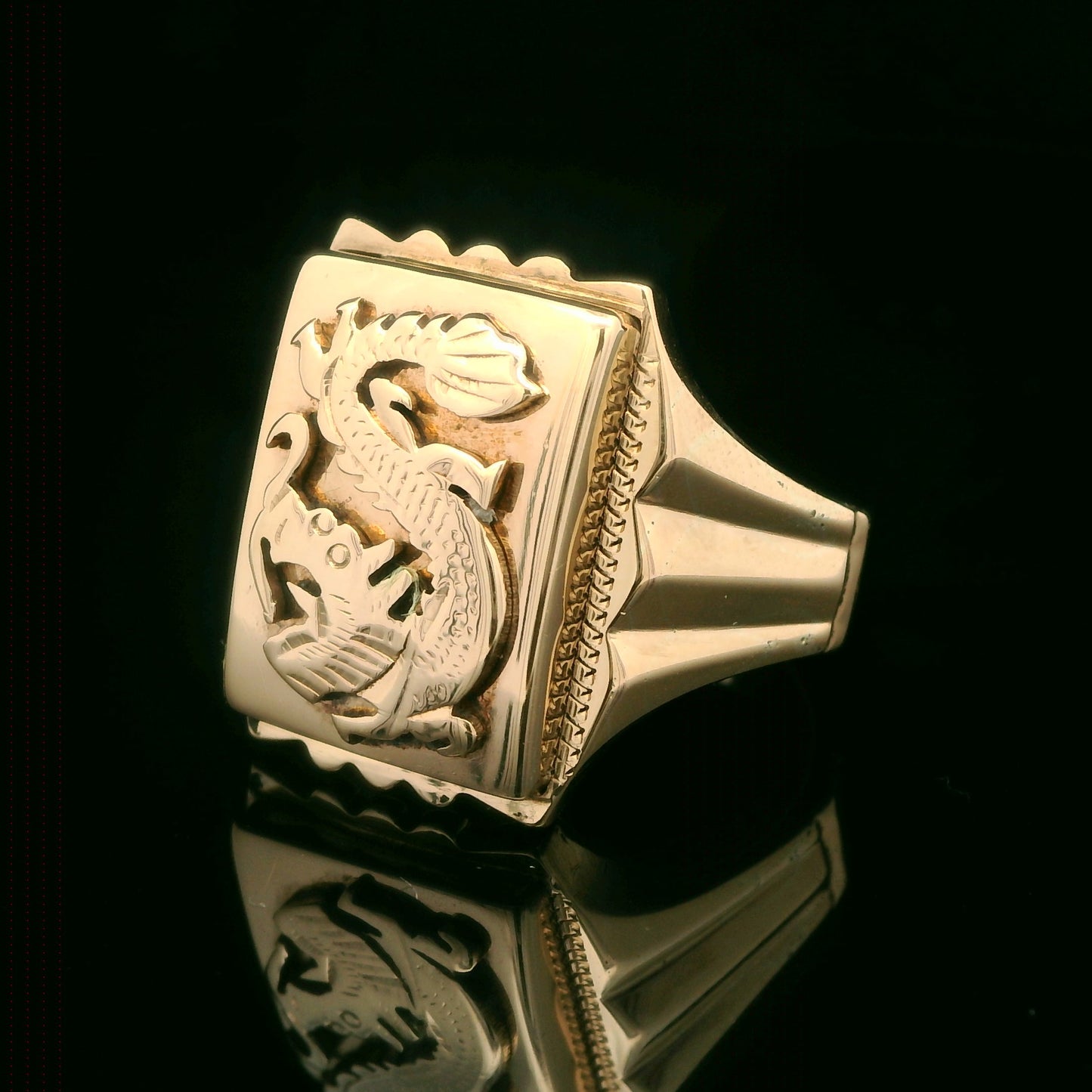 9CT Yellow Gold Water Dragon Signet Ring - Size R"- 10G